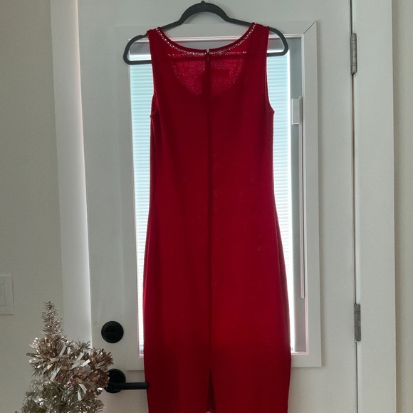 St.John Evening Sleeveless Knit Red Holiday Dress Rhinestone Neckline 6 - Picture 4 of 12